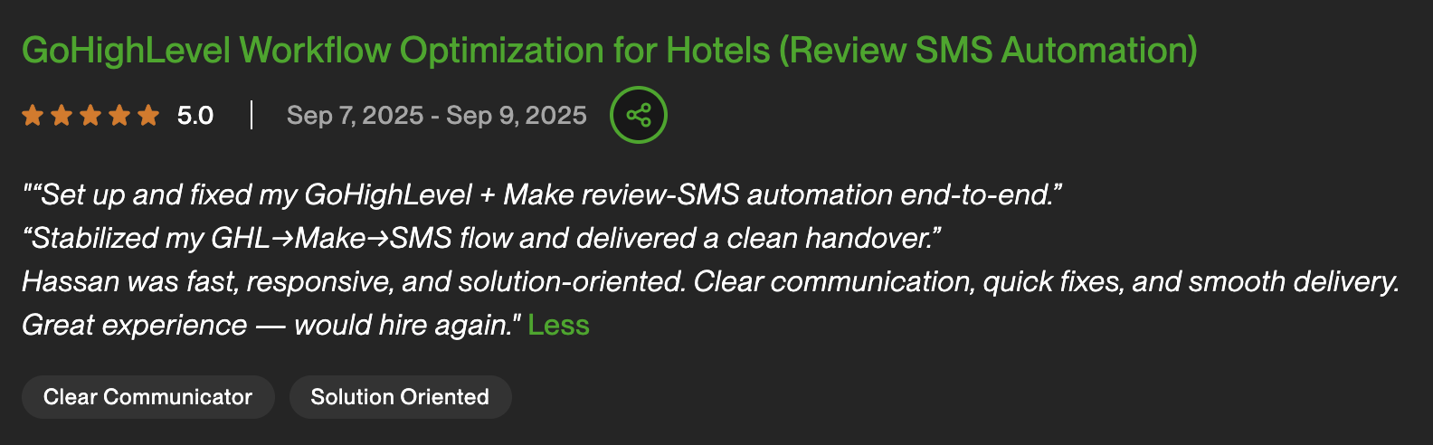 Upwork review — GoHighLevel Workflow Optimization for Hotels, 5 stars
