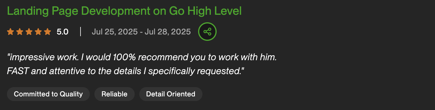 Upwork review — Landing Page Development on Go High Level, 5 stars