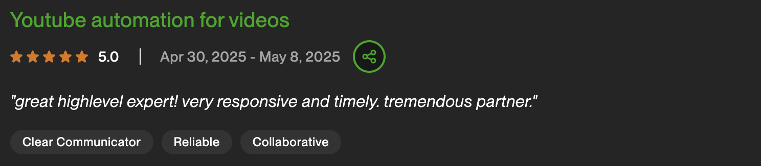 Upwork review — YouTube Automation, 5 stars