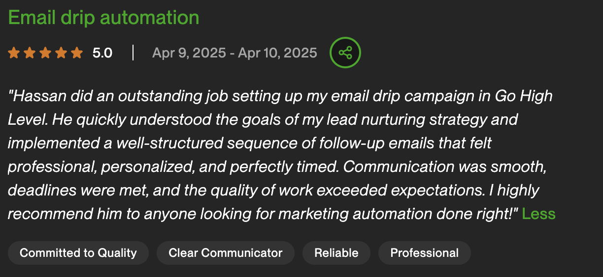 Upwork review — Email Drip Automation, 5 stars